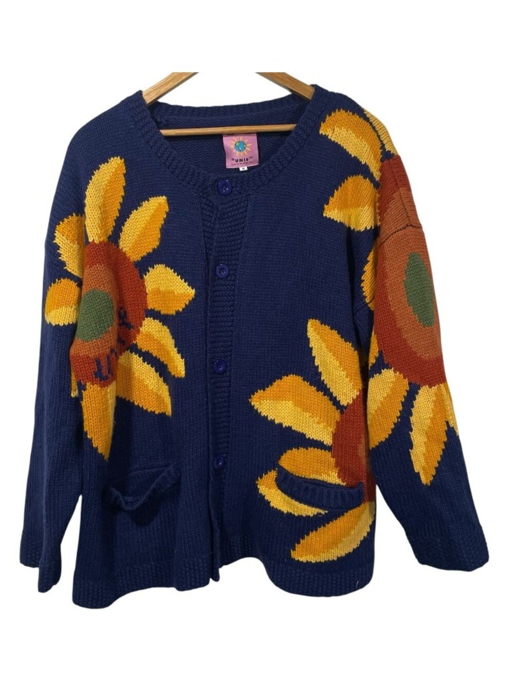 Unif Womens Sunflower Knit Cardigan Sweater Sz M Oversized Artsy